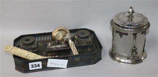 A plated desk stand, a mounted jar, an ivory case, etc.